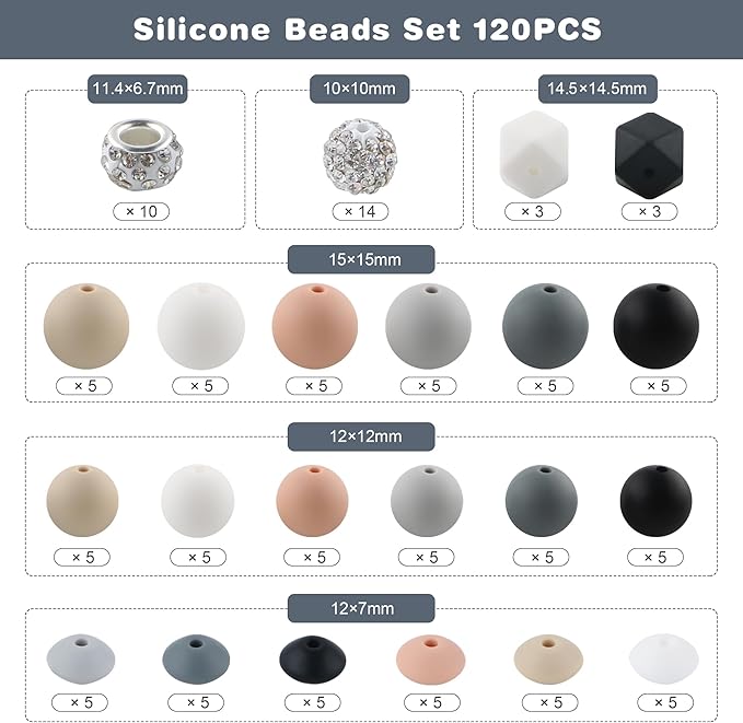 120Pcs Multicolor 12mm 15mm Silicone Beads for Keychain Making, 14mm Hexagon Beads Rhinestone Round Spacer 10mm for DIY Handicrafts(Gray)