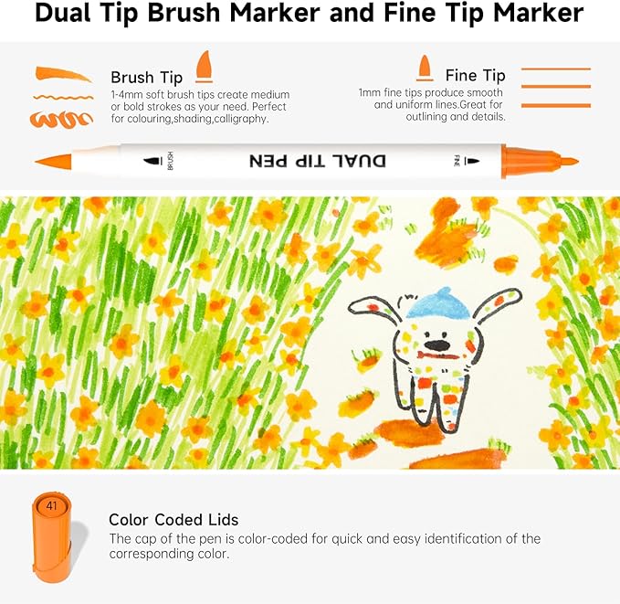 Shuttle Art Dual Tip Brush Marker Pens, 105 Colors Fine and Brush Tip Markers Set in Portable Case with 1 Coloring Book for Kids, Water-based Ink Adult Artist Coloring Calligraphy Journal Doodling