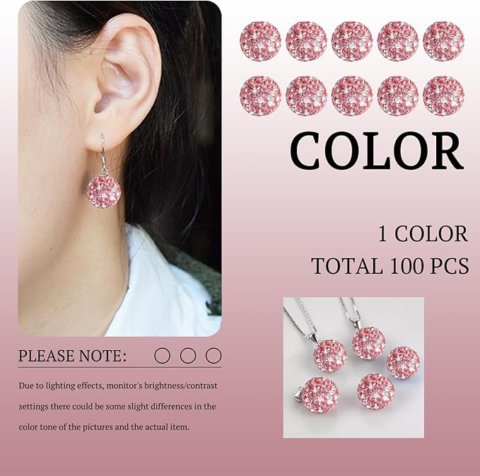 10mm Grade A White with Pink Sparkle Rhinestone Beads for Baseball Necklace-Round Disco Ball Bead Rhinestone Clay Beads for Earring Jewelry Making,Necklace Bracelet,DIY Craft Supplies(100 pcs)