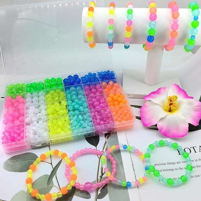 1016Pcs Glow in The Dark Round Beads, 6mm 8mm 10mm Luminous Round Bead Acrylic UV Color Changing Bracelet Beads Sun Sensitive Plastic Glow Bead Bulk for Jewelry Making Bracelets Necklace