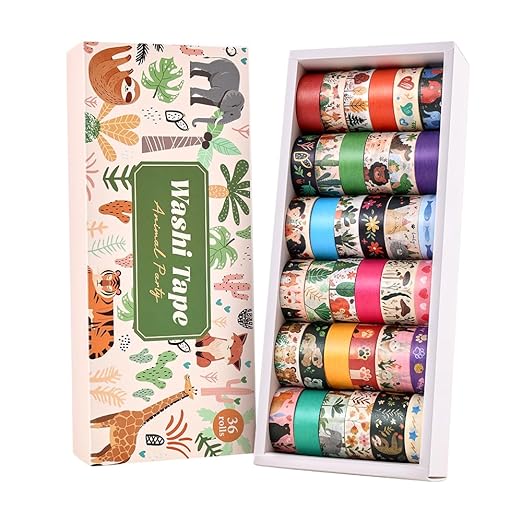 36 Rolls Animal Theme Washi Tape Set, Colorful Cute Adorable Animals Writable Decorative Tapes for Scrapbooking, Junk Journal Supplies, Bullet Journaling, 0.6"x79" per Roll