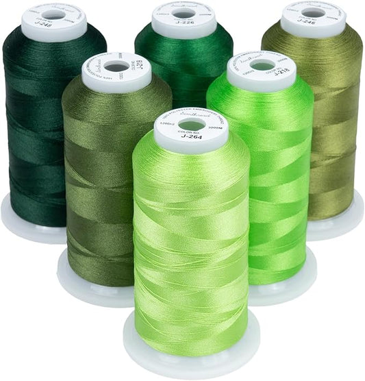 Simthread 6 Spools Embroidery Thread Set, 3000 Yards 40WT 100% Polyester Trilobal Machine Thread for Professional & Home Use, Compatible with Brother, Singer, Janome & More, Green Series