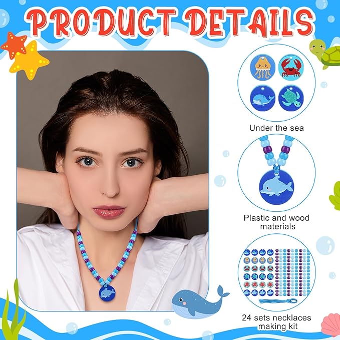 Ecally 24 Sets Under The Sea Bead Necklaces Making Kit Summer Ocean DIY Craft Blue Purple Bead Sunday School Craft Sea Animals Sharks Turtles Pendant Necklaces Themed Party Supplies Beach Party Favor