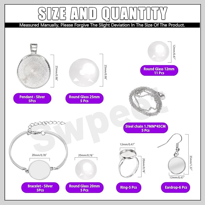Swpeet 47Pcs 12mm 20mm 25mm Round Pendant Trays Kit, Including Dome Cabochons, Bracelet Bezel Settings, Chains, Earring Pendant Trays, Ring Necklace Pendants Tray for Jewelry Making