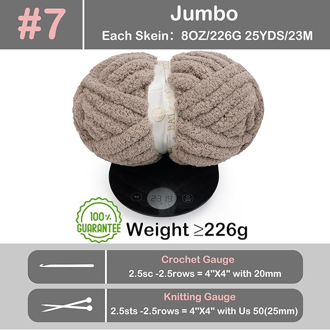 Chunky Yarn for Hand Knitting, Chunky Chenille Blanket Yarn for Crocheting, Bulky Soft Fluffy Chenille for Blanket Project, 8 Pack of 8oz/25yds, Vintage Khaki
