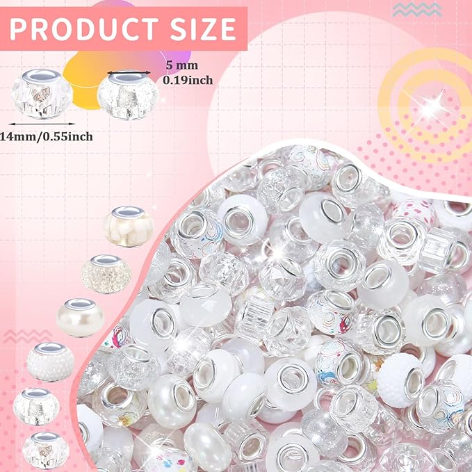 60Pcs Large Hole Beads Spacer Beads White Assorted European Craft Big Beads Large Hole Lampwork Murano Bead Fairy Wand Garden Bead for DIY Charm Bracelet Necklace Jewelry Making Decoration Supplies