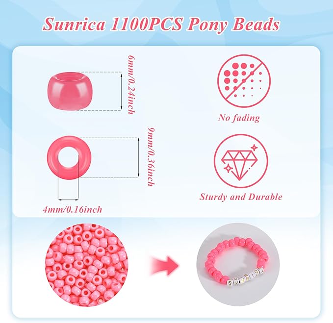 sunrica 1100pcs pink pony beads 6x9mm large hole plastic beads for kandi, hair braids, necklaces, friendship bracelets
