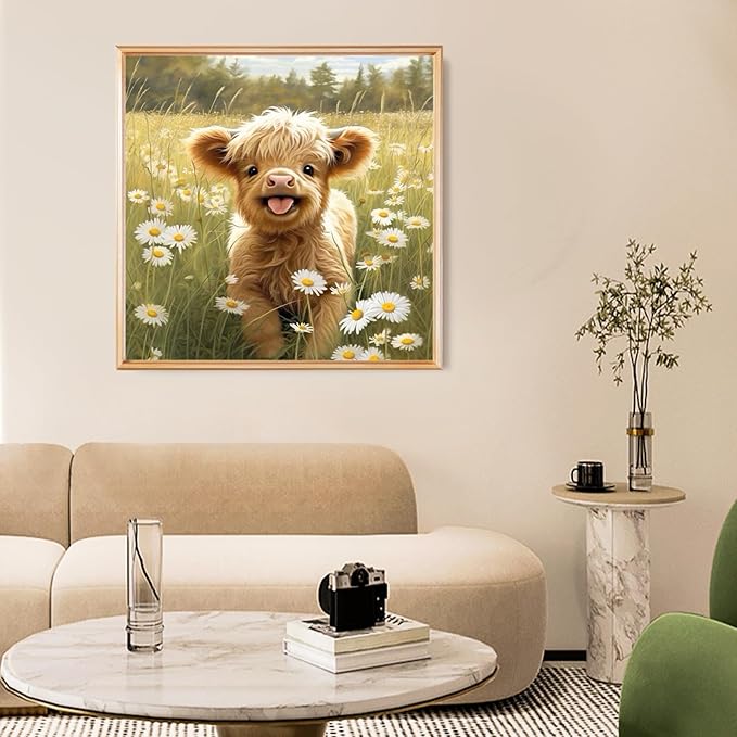 Fountor Cute Cow Diamond Art Kits for Adults, Highland Cow Diamond Painting Kits for Adults Beginners, DIY 5D Round Gem Art with Gift Box for Home Wall Decor 14x14 Inch