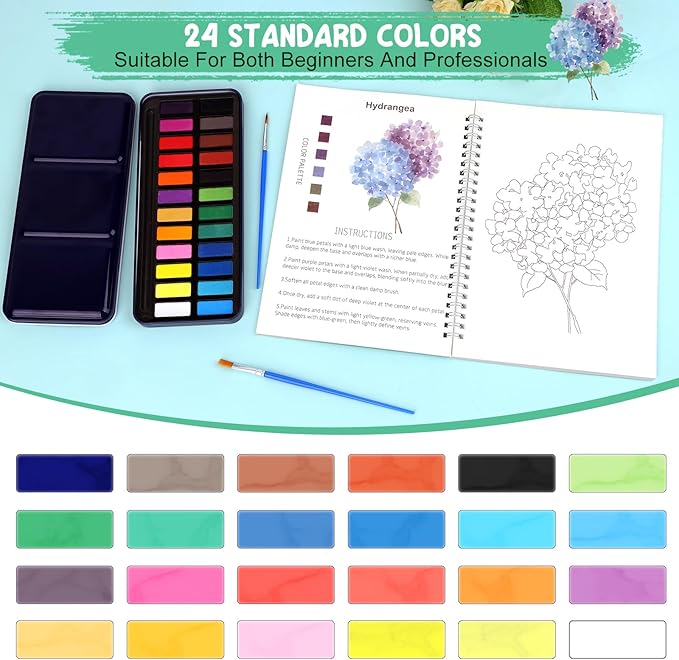 Floral Watercolor Workbook for Beginners with 24 Colors Paint Set – Water Coloring Book with 12 Flower Designs, Step-by-Step Painting Guide, Relaxing Watercolor Workbook Art Kit for Adults Teens