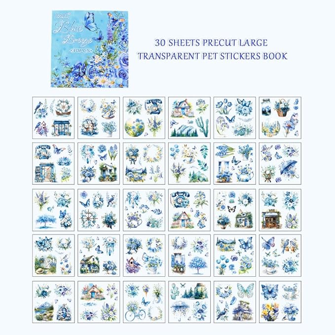30 Sheets Precut Blue Flower Garden Landscape Stickers Book for Junk Journal Supplies, Transparent PET Stickers for Journaling, Scrapbooking, Bujo, Collage, Card Making