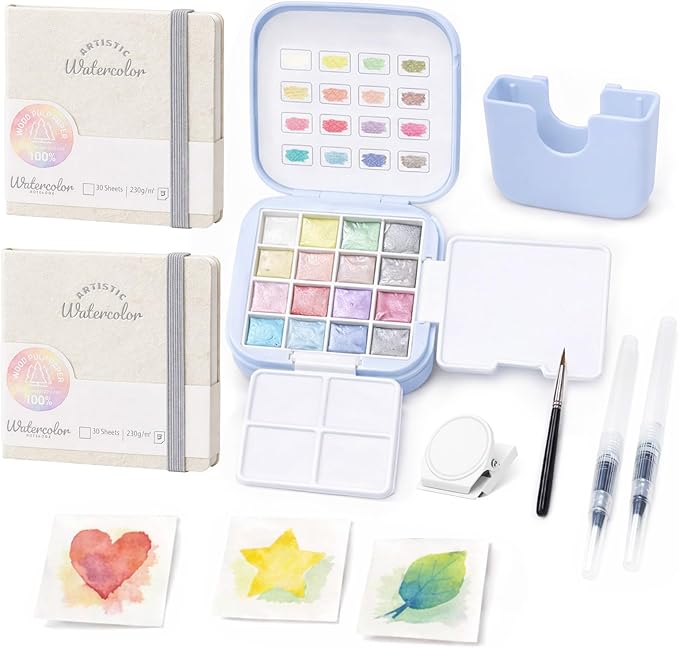 Mini Travel Watercolor Paint Set - Small Pocket Water Colors Paint Set with 16 Colors, Sketchbook, Brush, Clip, Portable Painting Art Kit for Adult, Beginners, Artists & Painting Enthusiasts