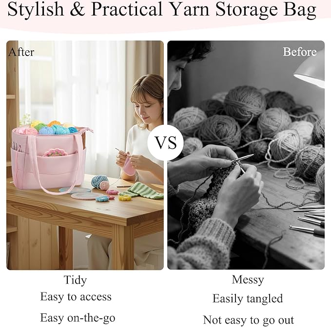 Crochet Bag for Yarn Storage, Puffer Knitting Bag with Soft Handles, Lightweight Yarn Storage Organizer with Zipper for Crochet Accessories, Gifts for Crocheters (Pink)