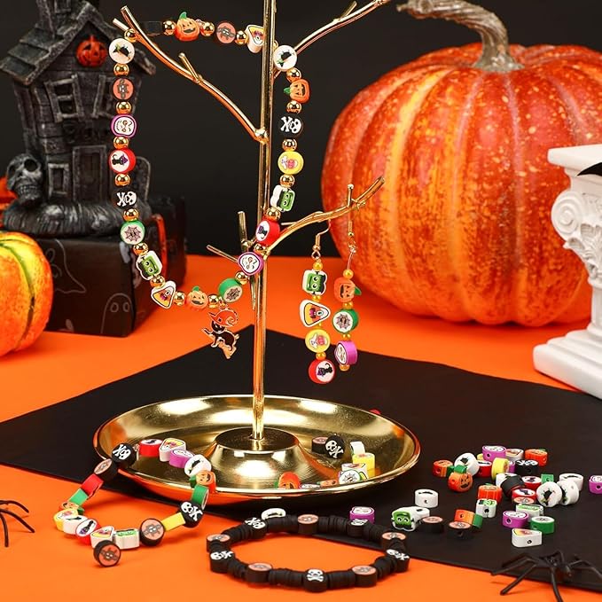 Augshy Halloween Polymer Clay Beads - 300PCS Assorted Pumpkin Ghost Skeletons Spider Bat Clay Beads for Bracelet Necklace Jewelry Making