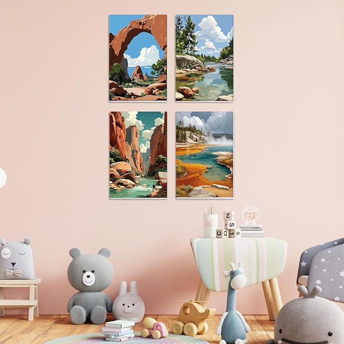 NEWENMO 4 Pack Paint by Numbers for Adults with Wooden Framed, Rock Canyon, Lake, Paint by Number Kits on Canvas for Beginner, DIY Acrylic Oil Painting Kits for Home Decor 8x12 inch, National Park