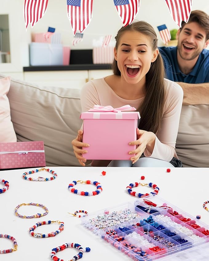 Goldwise 1578Pcs 4th of July Red White Blue Beads Bracelet Making Kit with Clay Seed Plastic Pony Pearl Beads, Patriotic USA Flag Star Beads, Metal Charms Earrings for Jewelry Making