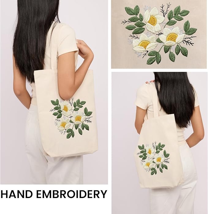 CREAWONDER Canvas Tote Bag Embroidery Kit with Pattern for Beginners, Arts and DIY Embroidery Crafts Kits for Adults, Include Instructions, Embroidery Hoops, Color Threads and Tool