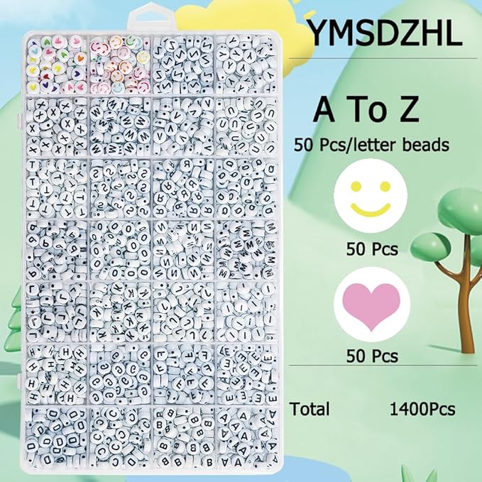 Alphabet Beads A-Z 1300+Pcs Letter Beads, Acrylic 4x7mm Round Letter Beads Kits,Black Digit and Colorful Smile Beads for Bracelets Necklaces DIY Jewelry Making (Black,1300+PCS)