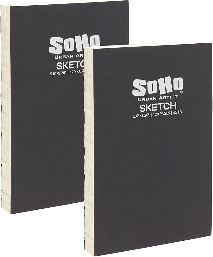 SoHo Urban Artist Open Bound Sketch Pads - Open Coptic Bound Sketch Pads for Drawing, Calligraphy, Any Dry Media, & More! - [White - 5.6x8.26-2 Pack]