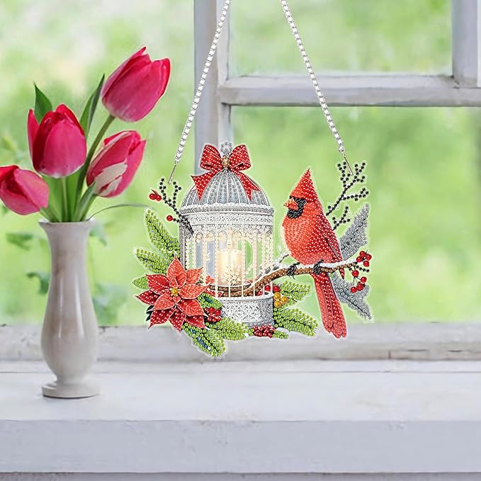 Auremi Christmas Diamond Art Pendant Kits,5D Cardinal Diamond Art Diamond Painting Hanging Kits,DIY Special Shaped Diamonds Painting Suncatcher Pendant Kit for Adults for Gift Wall Home Decor