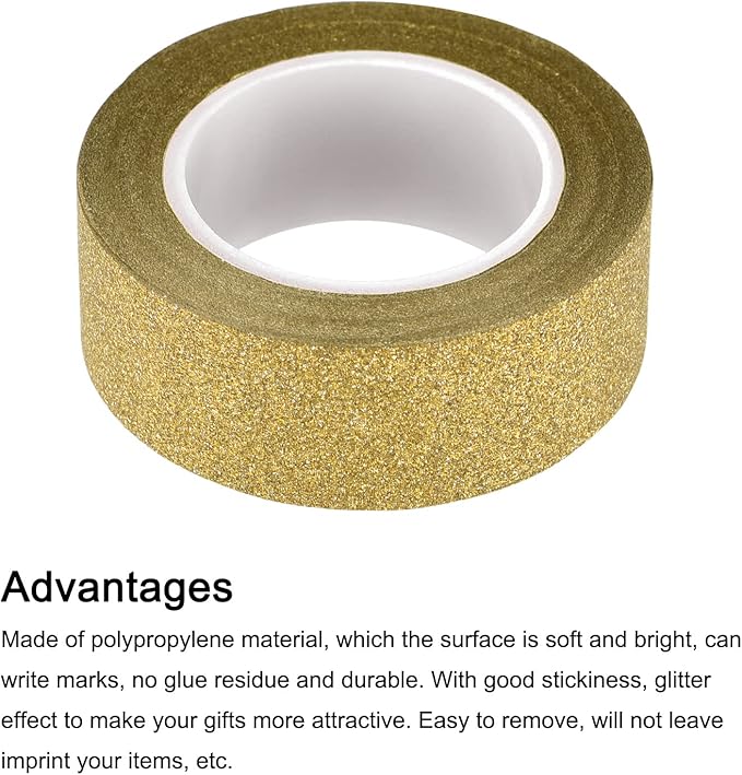 MECCANIXITY 0.6inch x 32.8ft Glitter Tape, Decorative Craft Tape Self Adhesive Stick 1.5cmx10m Gold Tone for Scrapbook, DIY Arts, Gift Wrapping Pack of 3