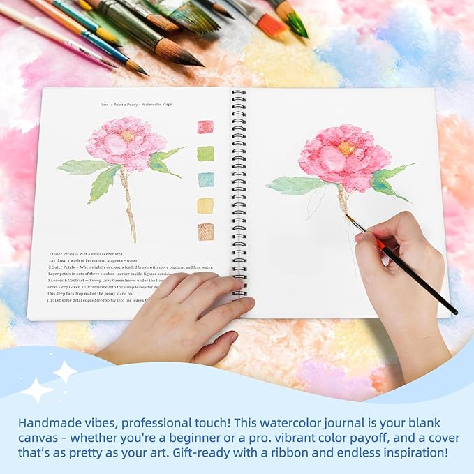 Teswarha Watercolor Workbook Using Thick Real Cotton Watercolor Paper for Adults Teens Spiral Bound 300GSM Art Paper 12 Sheets Flowers 8.2 x 9.8in
