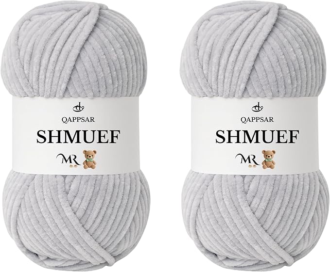 SHMUEF Chenille Yarn 2-Pack – Ultra Soft Velvet Yarn, Super Bulky Weight (5–6 mm), Yarn for Crochet, Amigurumi & Baby Blankets (Light Gray)