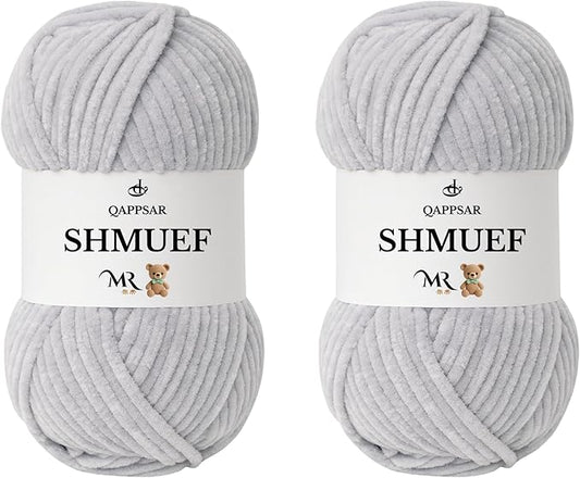 SHMUEF Chenille Yarn 2-Pack – Ultra Soft Velvet Yarn, Super Bulky Weight (5–6 mm), Yarn for Crochet, Amigurumi & Baby Blankets (Light Gray)