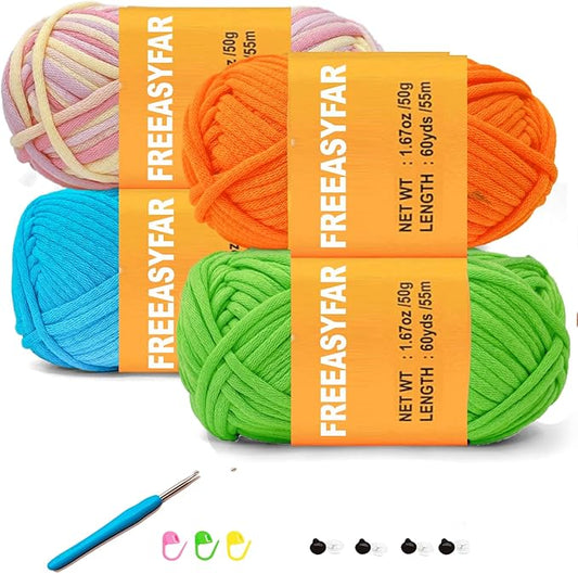 4x50g/4x60yds Cotton Blend Yarn for Crocheting and Knitting; Easy Beginner Yarn kit with Tool Set (Macaron+Orange+Blue+Green, 4 Skein)