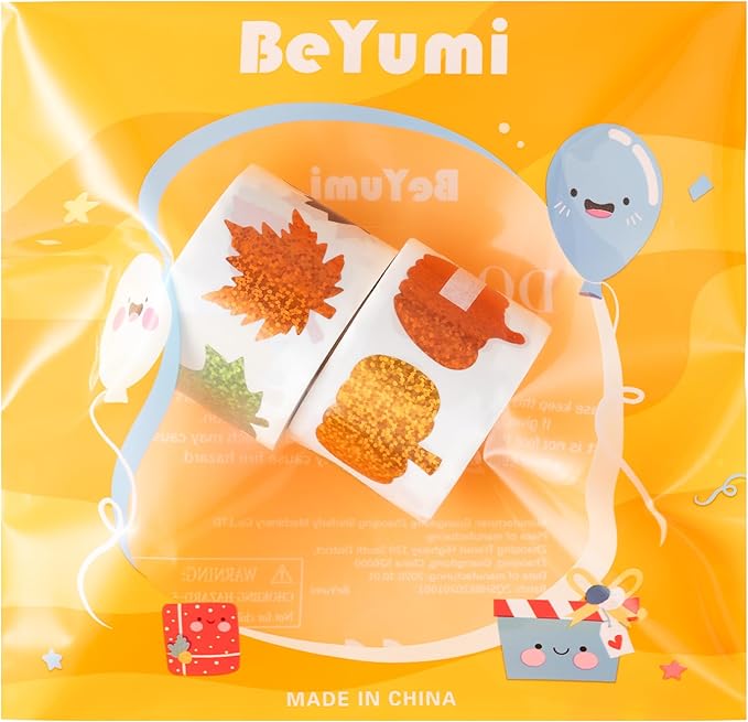 beyumi falll pumpkin leaves sticker - 1000pcs fall laser pumpkin maple leaves stickers in 2 rolls holographic sparkly glitter autumn thanksgiving adhesive decal gift party envelope decor for kids