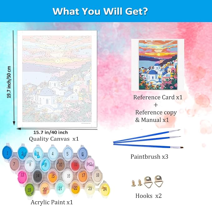 Artunion Sunset Santorini Greece Paint by Numbers Kit for Adults, Landscape Paint by Number Kits, DIY Oil Painting Paint by Number Kits on Canvas Arts Craft for Home Wall Decor 16x20 Inch