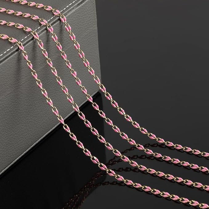 Pink Enamel Chain for Jewelry Making, 2 Meters Gold Plated Brass Cable Link Chain Roll with 30pcs Jump Rings and 10pcs Lobster Clasps