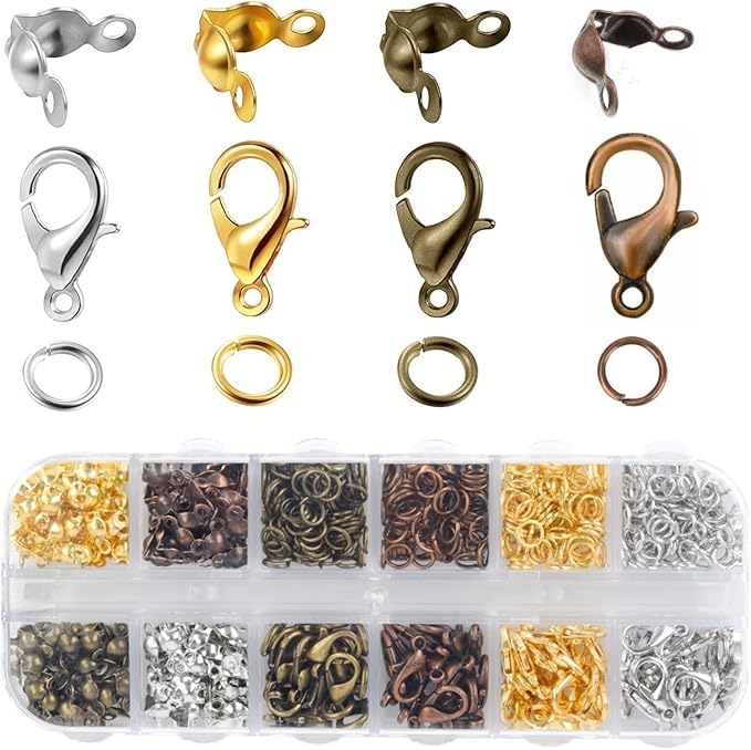 Olylkx 720pcs Lobster Claw Clasps, Bead Tips Knot Covers, Open Jump Ring Connectors, Jewelry Making Accessories Set (12 Styles)