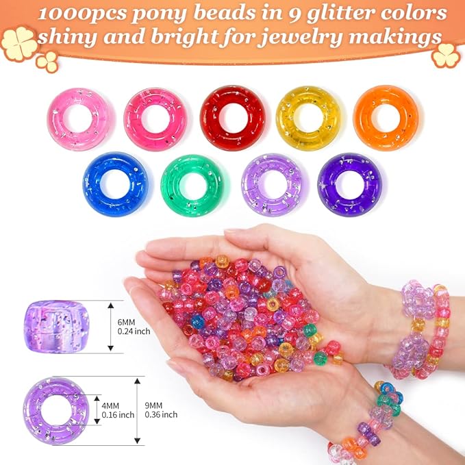 1000 pony beads, beads, 6x9 mm large beads, hair beads, beads for hair braids, glitter beads, (pink dream color, medium pack)