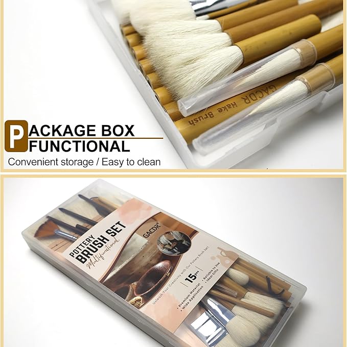 Pottery Brushes for Glazing, 15 Pcs Ceramic Brush Set With Storage Box, Wool Bamboon Hake for Pottery, Acrylic, Watercolor