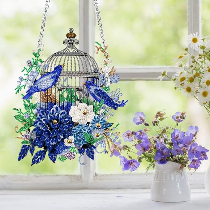Flower Birdcage Design DIY Diamond Art Painting Wreath Kits Special Shaped Rhinestone Diamond Art Window Pendants Home Garden Wall Hanging Kits (Single Side Point Drill) (#11-Cat) (#01-Bird)