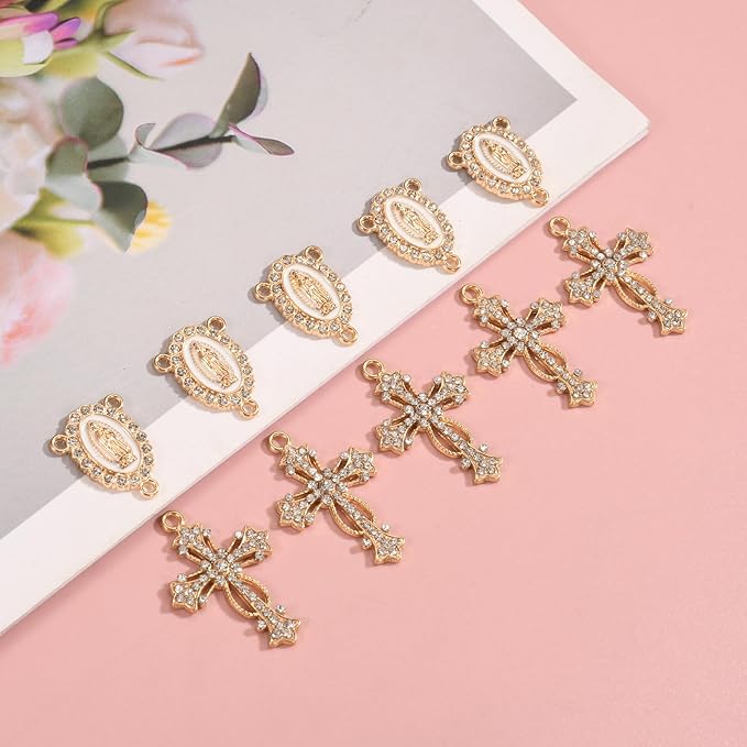 20 Piece Set Rhinestone Cross Connectors and Pendants for Jewelry Making (Gold - Cross B)