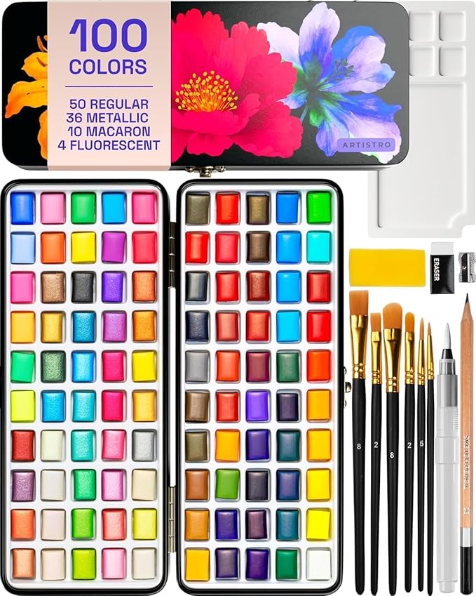 ARTISTRO 100 Color Watercolor Paint Set - Portable Paint Art Kit with Palette and Brush Pens - Travel Water Color Set for Adults, Professionals, Kids - Art and Painting Supplies - Gift Idea