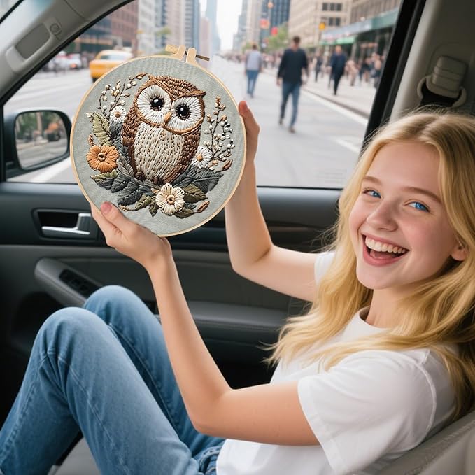 FONNUY Embroidery Kit for Beginners, Owl Flowers Pre-Stamped Pattern Kits for Adults with Hoop, Easy to Follow Color Thread Needlework, 8'' Hoop (Brown)