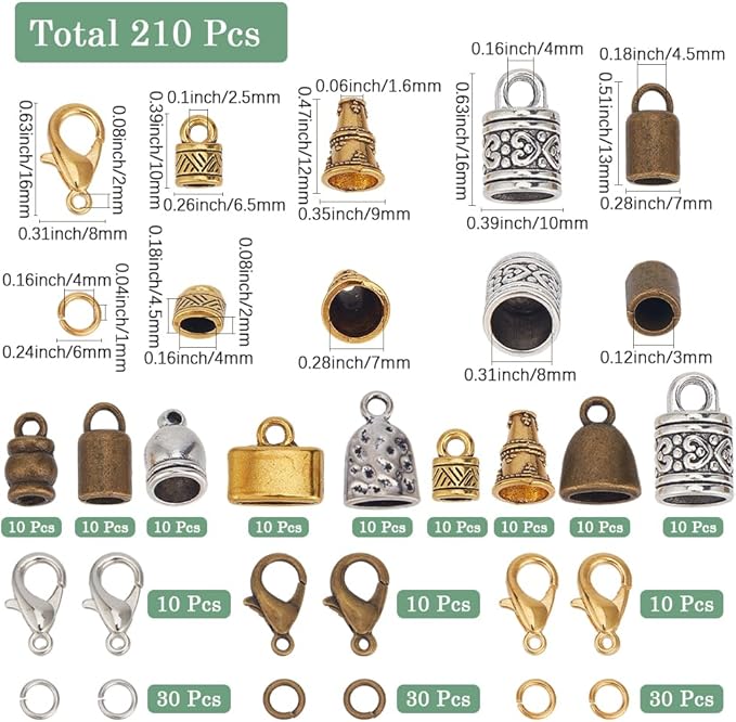 SUNNYCLUE 1 Box 210pcs Leather End Caps Kumihimo Bead Caps Vintage Antique Golden Silver Tube Barrel Rope Tassel Cord Ends Terminal Kits Lobster Clasp Open Rings for Jewelry Making Kit Women Bracelet