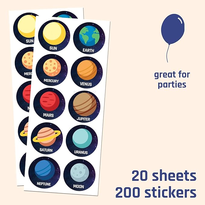 planet solar system stickers for kids, 1.5" - 20 sheets, 200 stickers