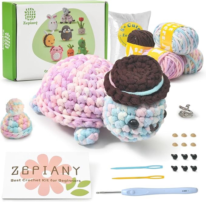 Zepiany Crochet Kit for Beginners, Amigurumi Beginner Crochet Kit for Adults, Crochet Turtle Crocheting Kit, Cute Crochet Animals Knitting Kit with Step-by-Step Video, Crafts Kits for Adults