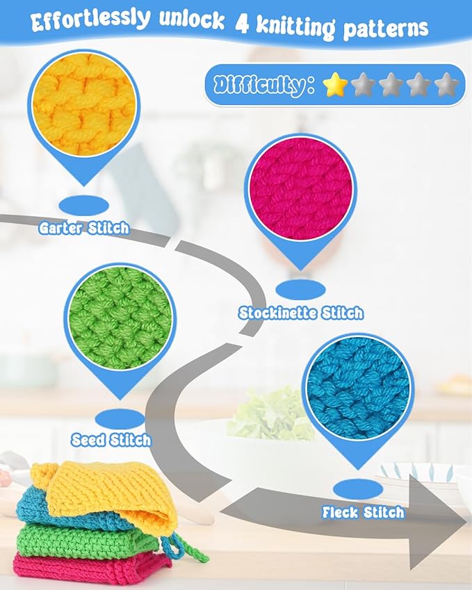Katech Knitting Kit for Beginners-Learn to Knit Dishcloth-Beginner Knitting Kit for Adults with Knitting Book, Knitting Needles,Beginner Yarn, Yarn Needle, Craft Kits Gift (Beginner to Expert)