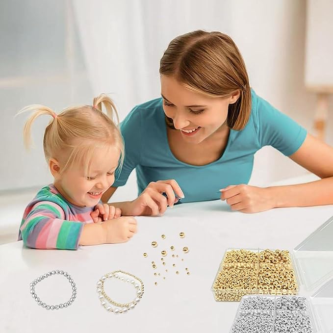 3360pcs Gold & Silver Round Spacer Beads 3/4/6/8mm 4 Size Smooth Ball Beads for Jewelry Making Metal Circle Bead for Bracelet Necklace Earring Making Supply