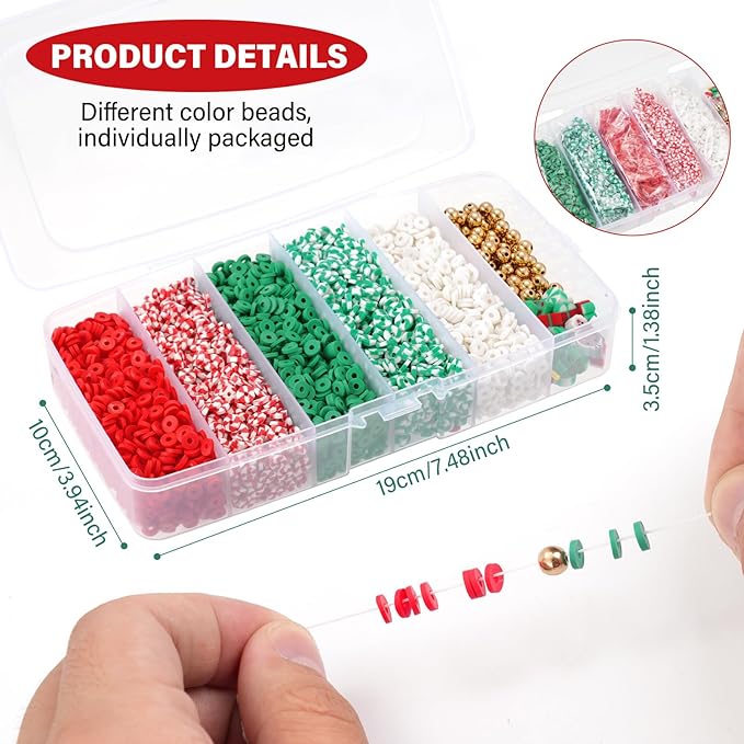 Christmas Clay Beads for Bracelets - 5000 Pcs Christmas Beads, 30 Xmas Charms, 100 Gold Spacer Bead, Red Green Heishi Bead Kit for DIY Christmas-Bracelet Making Kit & Jewelry Crafts