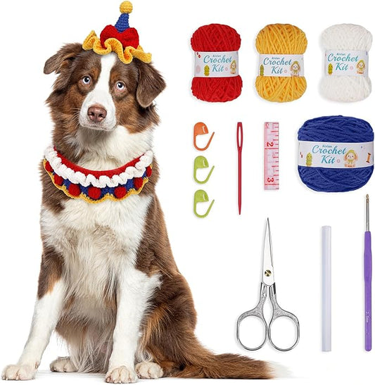 Alvian Crochet Kit for Beginners Adults Cat Collar Kit Crochet Starter Kit Adjustable Knitted Crochet Pet Scarf Hat Set with Video Tutorial Handmade Crochet Pet Gift