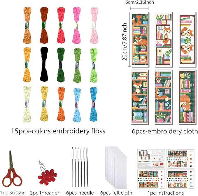 FREEBLOSS 6 Set Cross Stitch Bookmark Kits Fox Bookshelf Pattern Stamped Embroidery Kit Stitch Bookmarks DIY Book Marks Printed Cross Stitch Kits with Instructions for Beginners Adults, 8''x2.4''