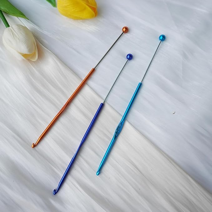 6 Pack DIY Beadable Crochet Hooks Knitting Needles Set Aluminum Handle for Focal Beads Colors (Blue Purple Red Orange Pink Light Blue, 5-6 mm)