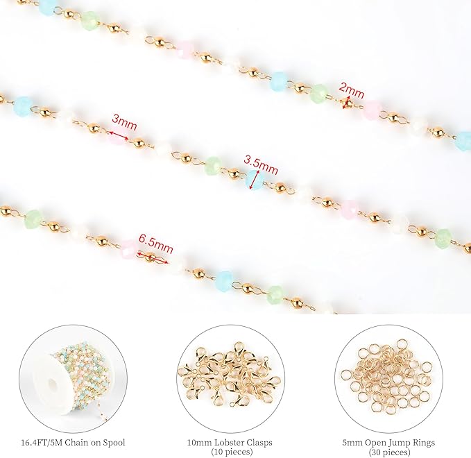 KYUNHOO 5M KC Gold Plated Brass Chains for Jewelry Making Colorful Satellite Bead Chain Bulk with Lobster Claps and Jump Rings Unfinished Jewelry Supply Findings