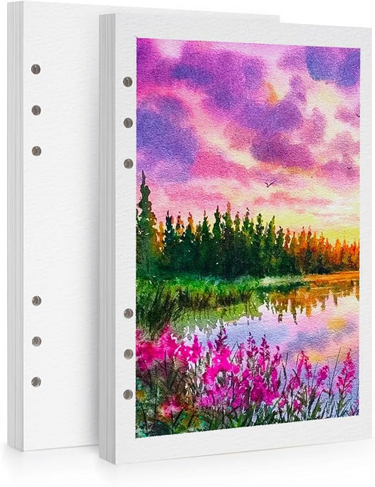 LIGHTWISH Watercolor Paper Bulk, 100% Cotton Cold Press 450gsm, 2 Pack, Total 30 Sheets A5 Hole-Punched Replaceable Paper for Artists, Adults,Students,5.8 * 8.2 Inches