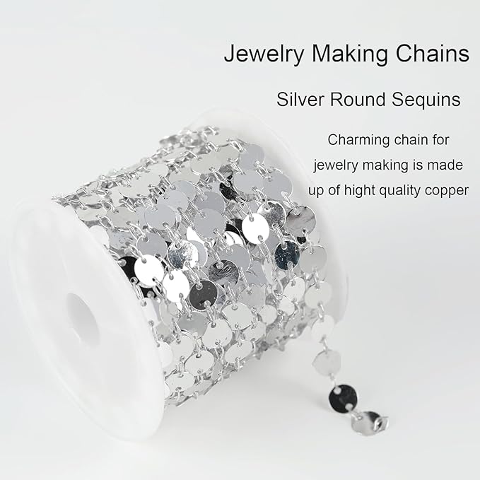 Jabogrii 5 Meters Silver Circle Sequin Jewelry Making Chains DIY Necklace Bracelet Copper Chain for Jewelry Making Round Chain Link Roll